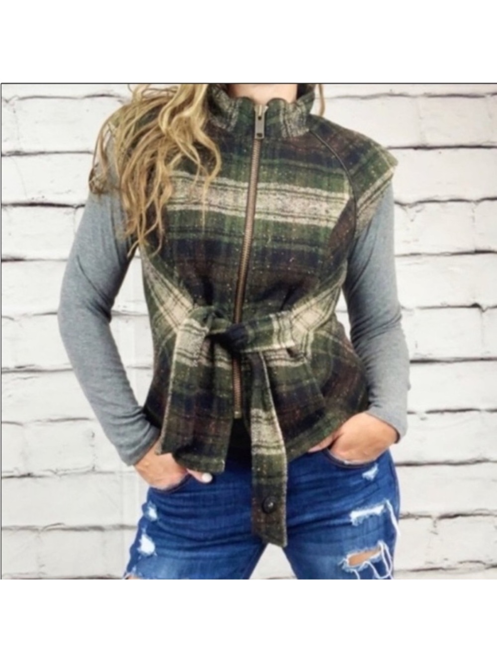 CAbi 611 All Tied Up plaid green wool zippered vest
